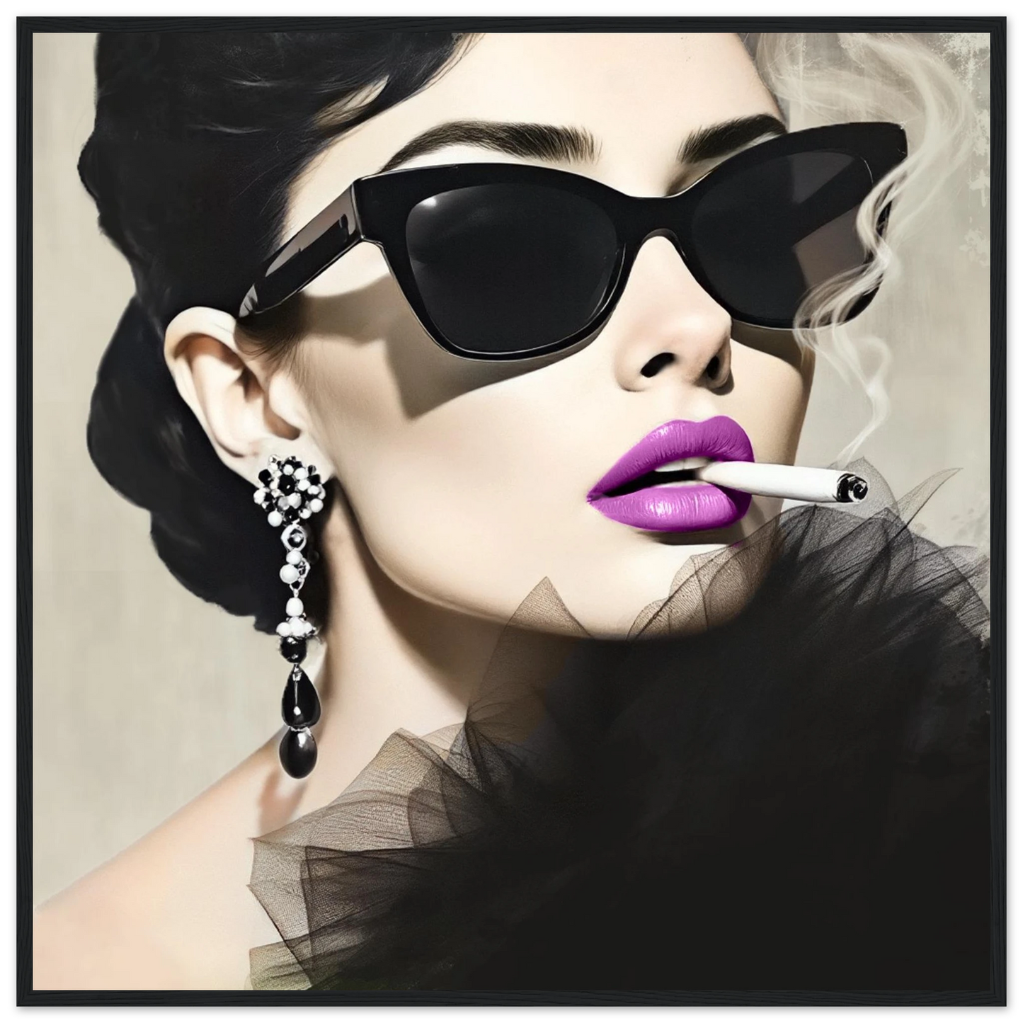 Smoking Girl Retro Fashion Model Art Print 70x70 cm 28x28″ Premium Matte Wooden Framed Poster