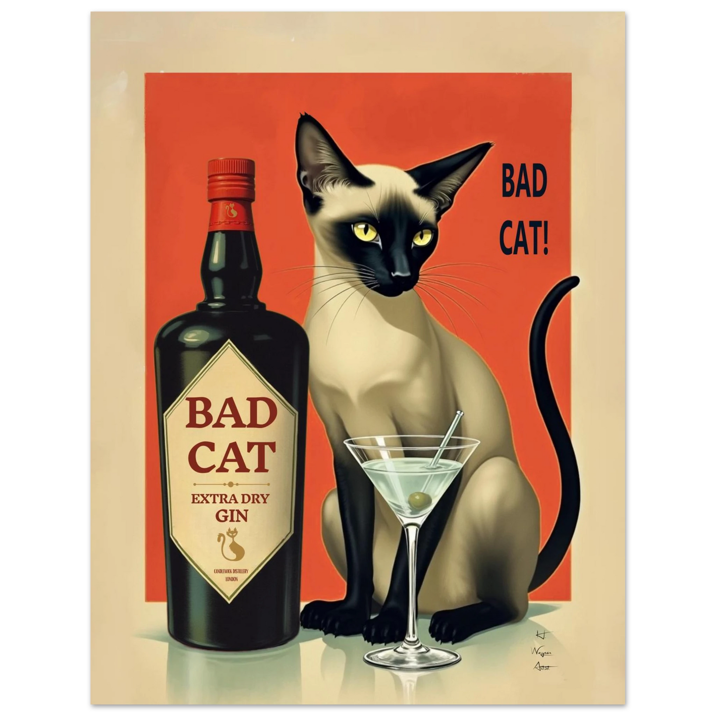 Siamese Cat Gin Martini Cocktail Art Print 27x35 cm 11x14″ Classic Matte Paper Poster No Frame