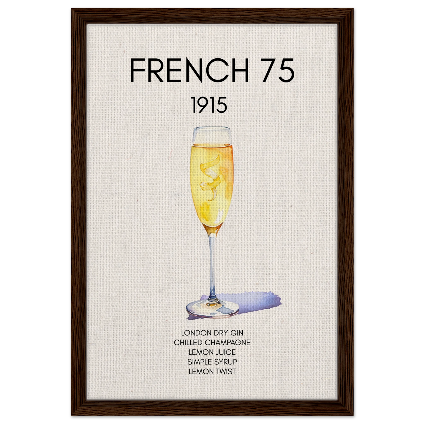 French 75 Cocktail Art Print Dark Brown Wood Frame 40x60 cm 16x24″ Framed Canvas