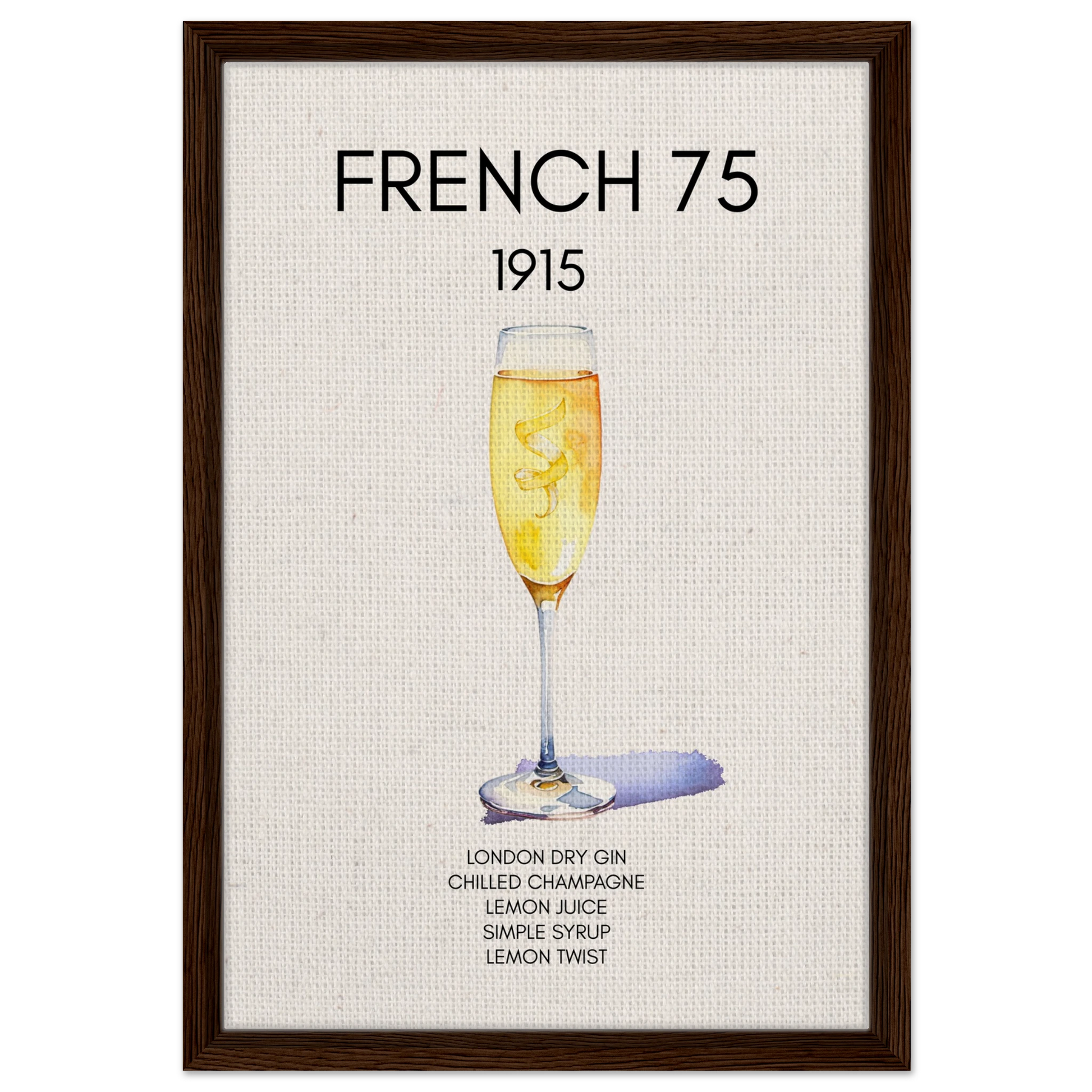 French 75 Cocktail Art Print Dark Brown Wood Frame 40x60 cm 16x24″ Framed Canvas