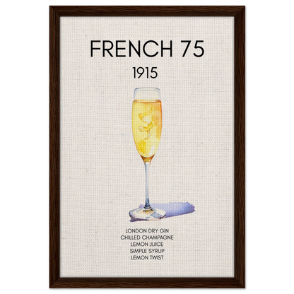 French 75 Cocktail Art Print Dark Brown Wood Frame 40x60 cm 16x24″ Framed Canvas