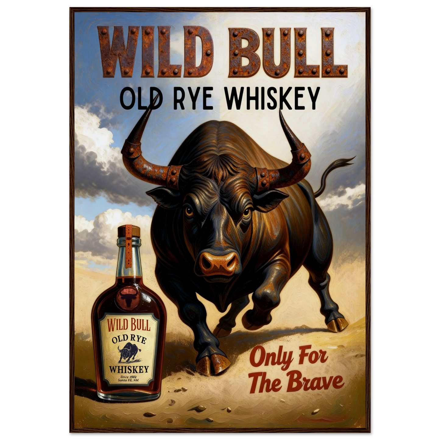 Wild Bull Old West Rye Whiskey Poster Print 70x100 cm 28x40″ Museum-Quality Matte Framed Poster Dark Brown Wood Frame
