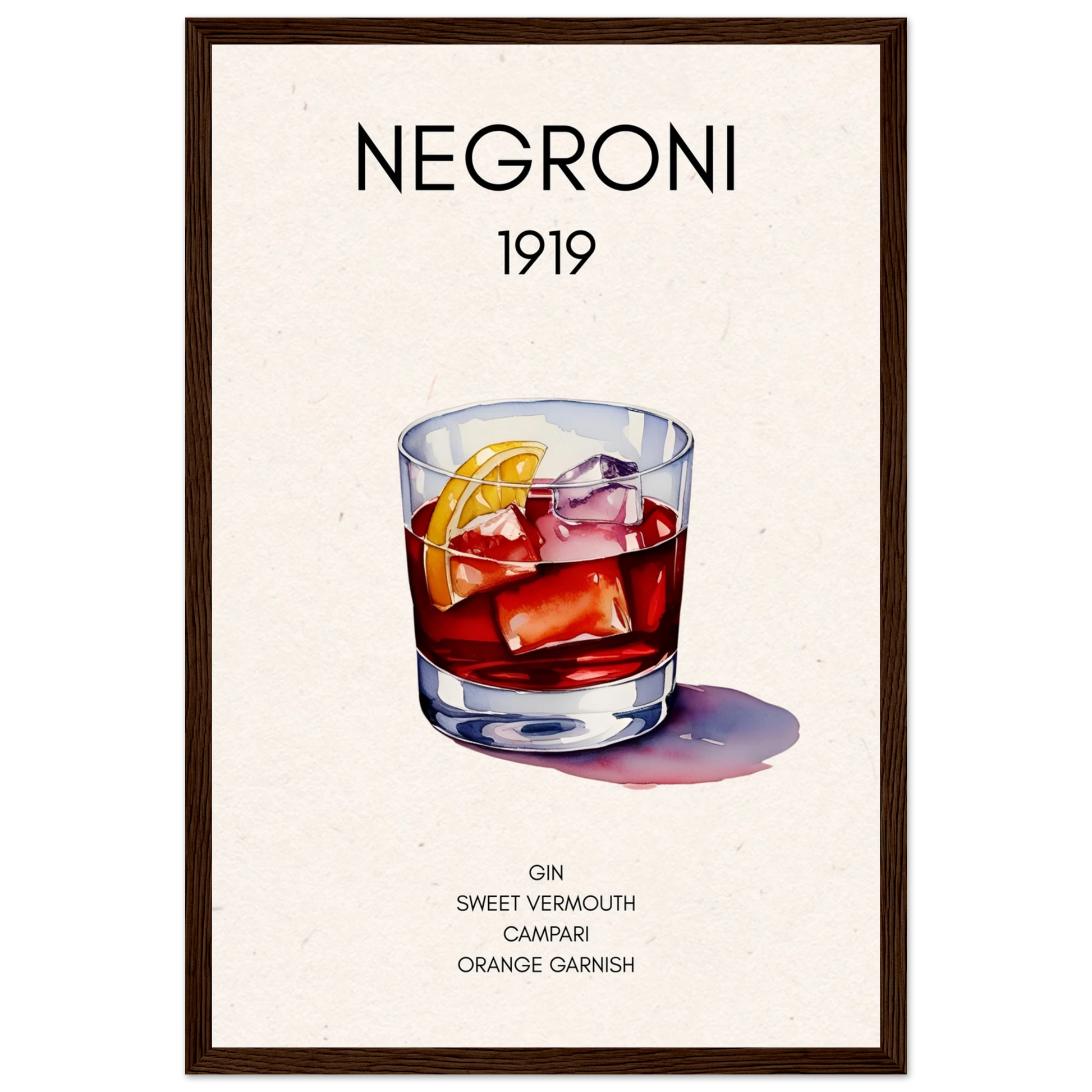 Negroni Cocktail Bar Art Print Dark Brown Wood Frame 30x45 cm 12x18″ Premium Matte Paper Wooden Framed Poster