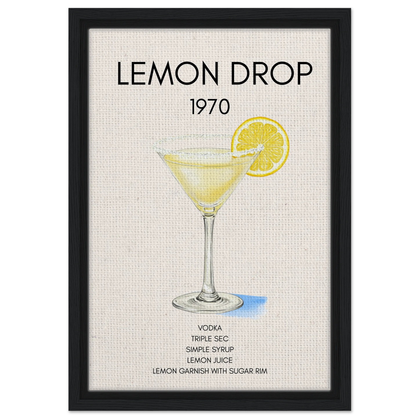 Lemon Drop Martini Cocktail Bar Poster Print Black Wood Frame 30x45 cm 12x18″ Framed Canvas