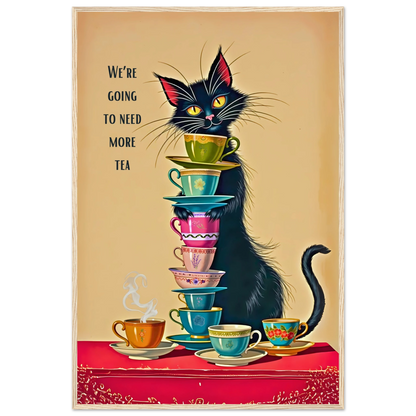 Quirky Cat Funny Tea Art Print 60x90 cm 24x36″ Premium Matte Paper Wooden Framed Poster Light Wood Frame