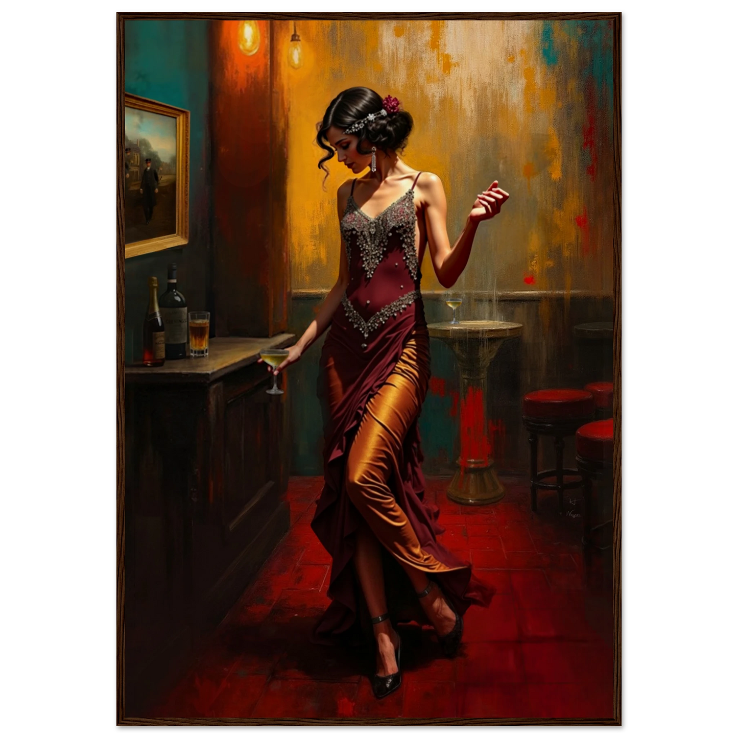 Speakeasy Flapper Art Prohibition Poster Print Dark Brown Wood Frame 70x100 cm 28x40″ Museum-Quality Matte Paper Wooden Framed Poster