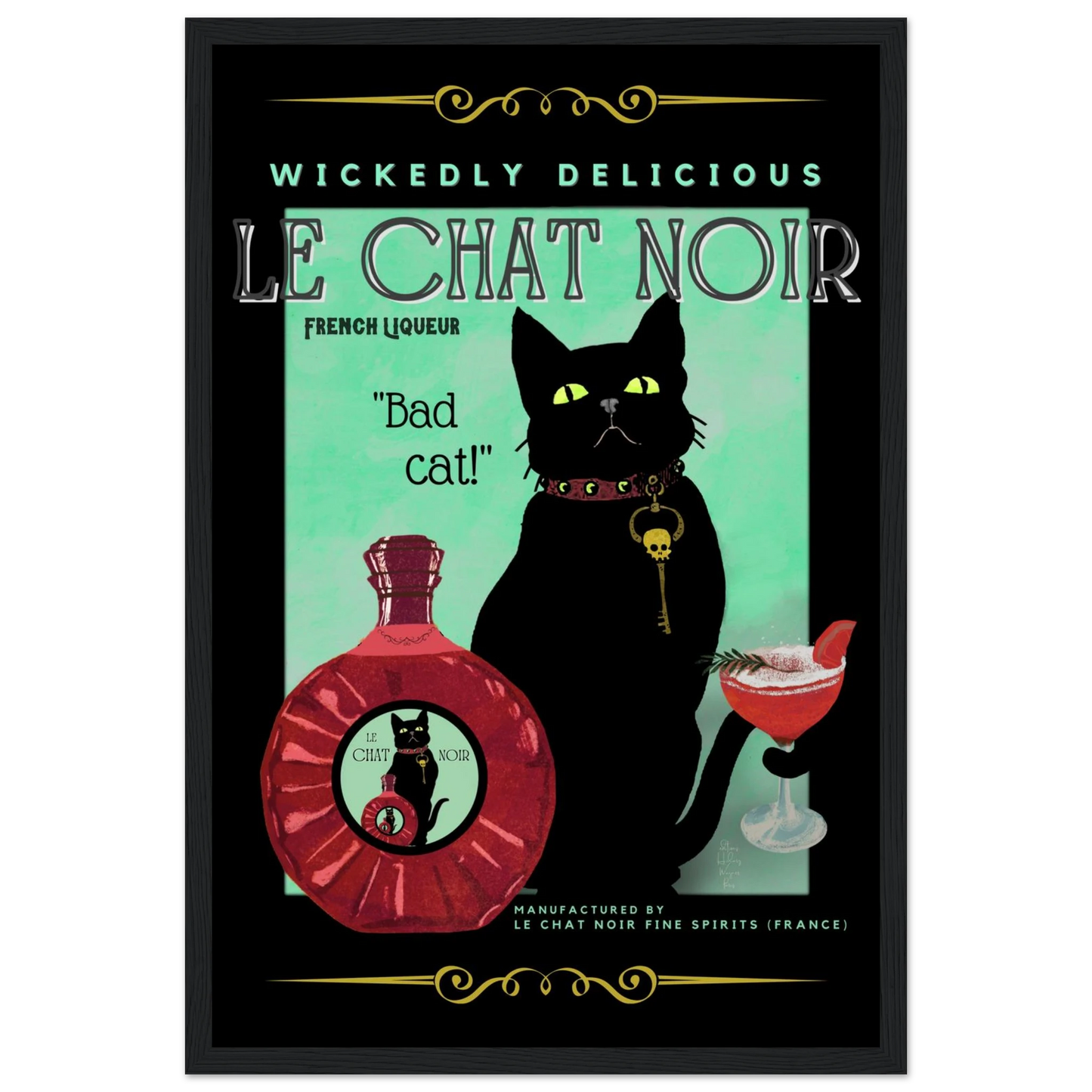 Black Cat Cocktail French Art Deco Print 30x45 cm 12x18″ Classic Matte Paper Wooden Framed Poster Black Wood frame