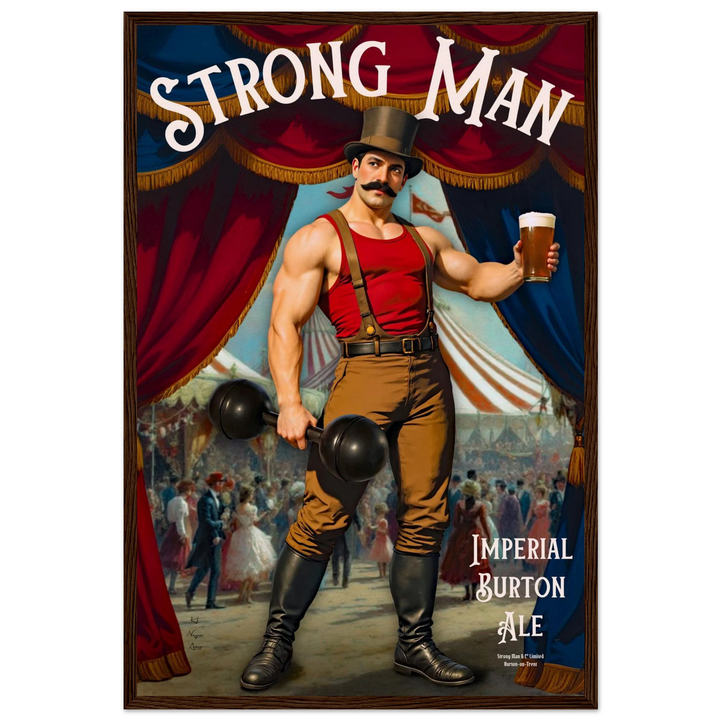Vintage Victorian Circus Strongman Ale Art Print Dark Brown Wood Frame 40x60 cm 16x24″ Museum-Quality Matte Wooden Framed Poster