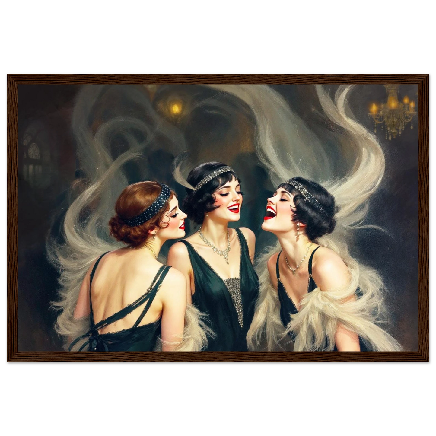 Flapper Girls Speakeasy Gatsby Art Print Dark Brown Wood Frame 30x45 cm 12x18″ Premium Matte Framed Poster