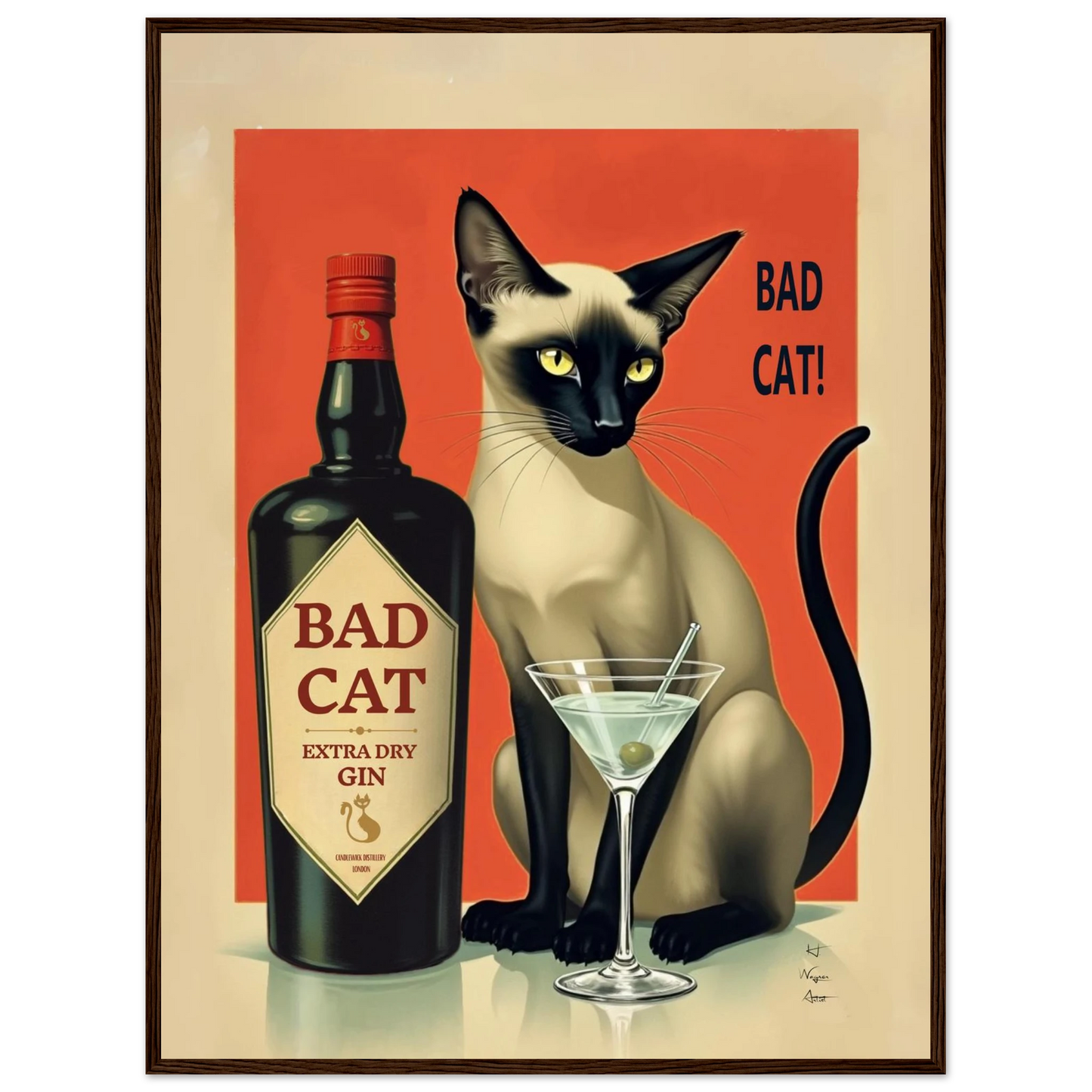 Siamese Cat Gin Martini Cocktail Art Print 60x80 cm 24x32″ Classic Matte Paper Wooden Framed Poster Dark Brown Wood Frame