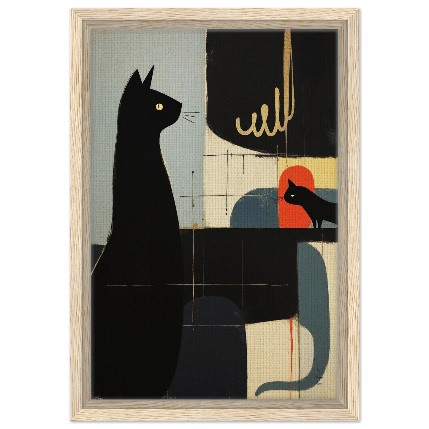 Abstract Cat & Kitten Modern Art Print Light Wood Frame 30x45 cm 12x18″ Framed Canvas