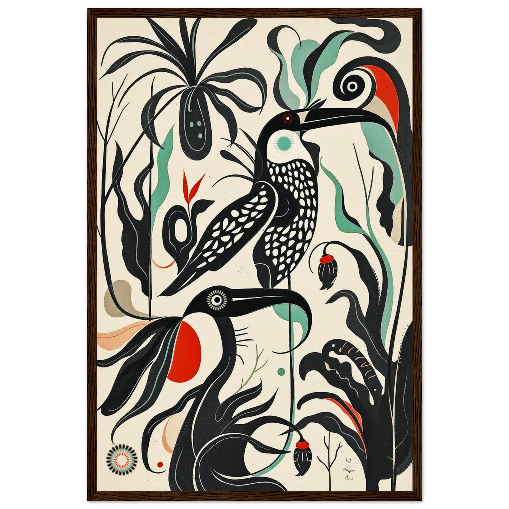 Mid-Century Modern Tropical Bird Art Print Dark Brown Wood Frame 40x60 cm 16x24″ Museum-Quality Matte Wooden Framed Poster
