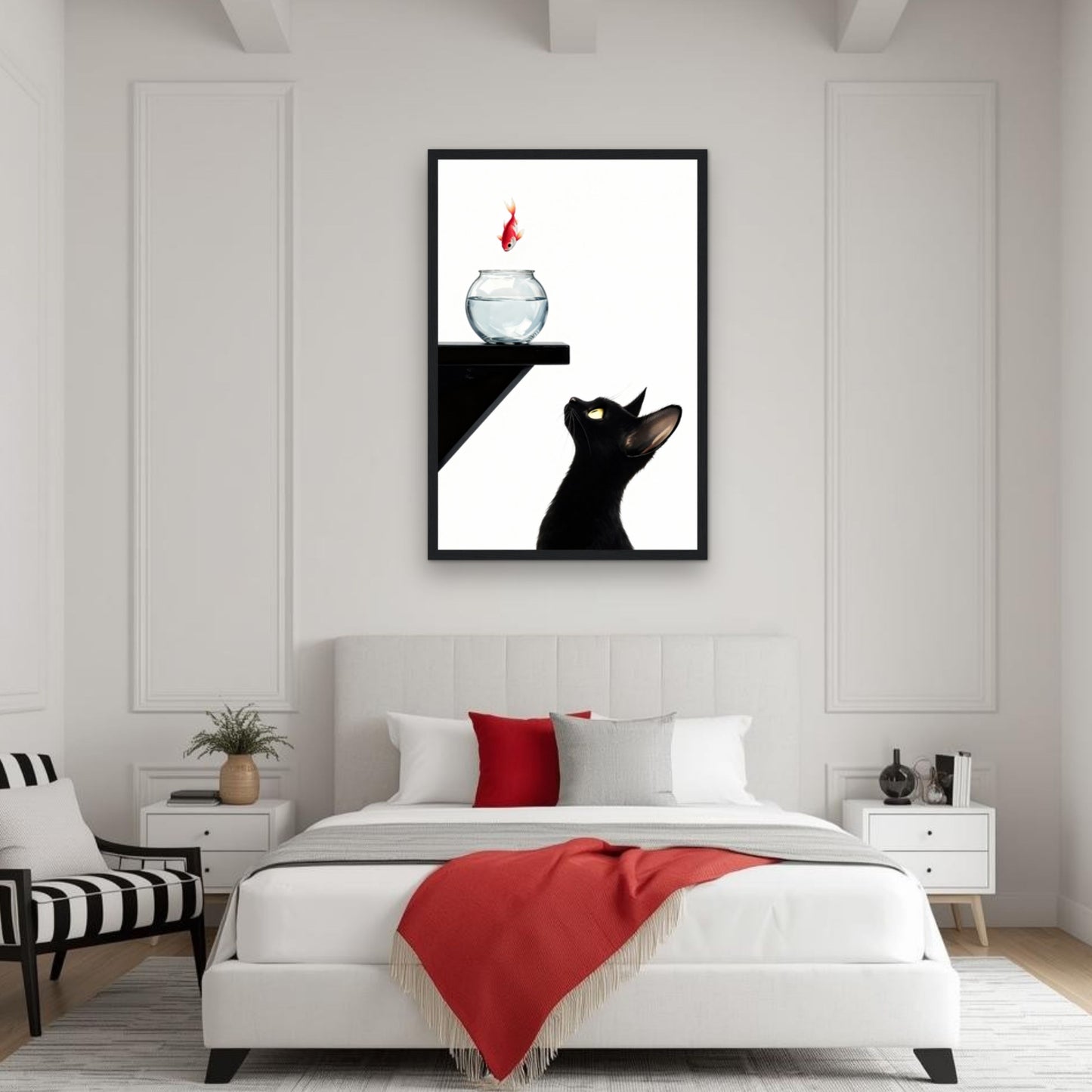 Curious Black Cat Goldfish Minimalist Art Print