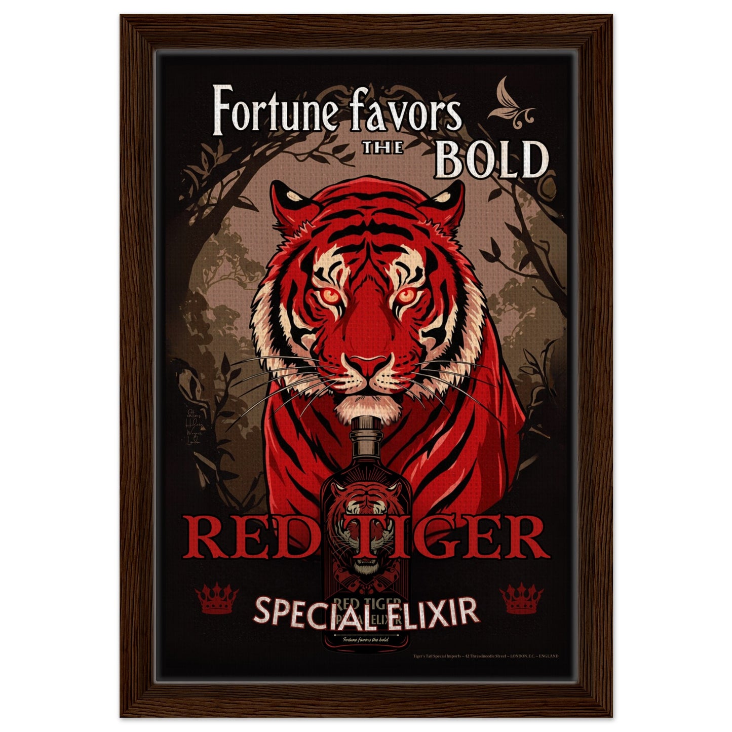 Tiger Cocktail Bar Art Poster Print 30x45 cm 12x18″ Framed Canvas - Dark Brown Wood
