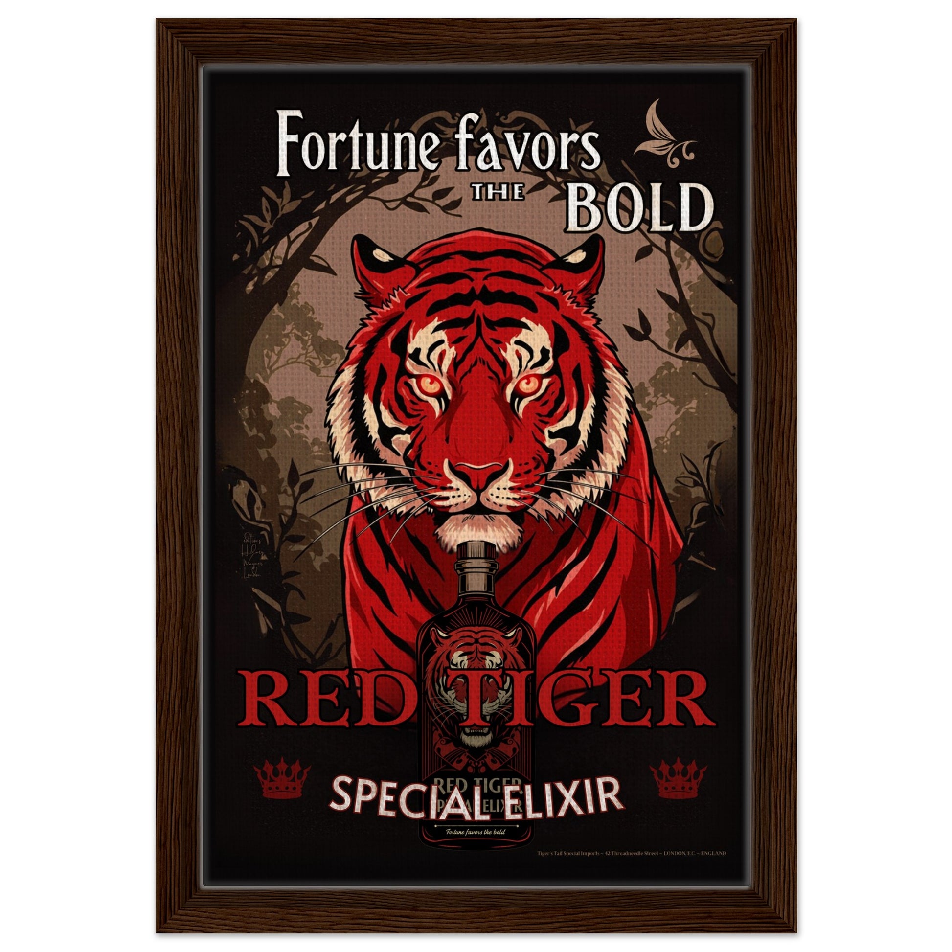 Tiger Cocktail Bar Art Poster Print 30x45 cm 12x18″ Framed Canvas Dark Brown Wood Frame