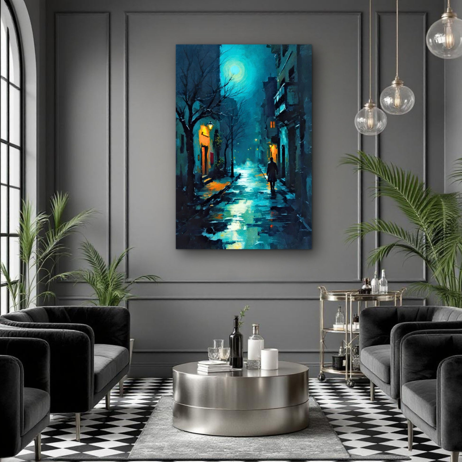 Blue Moon Night Street Scene Art Print