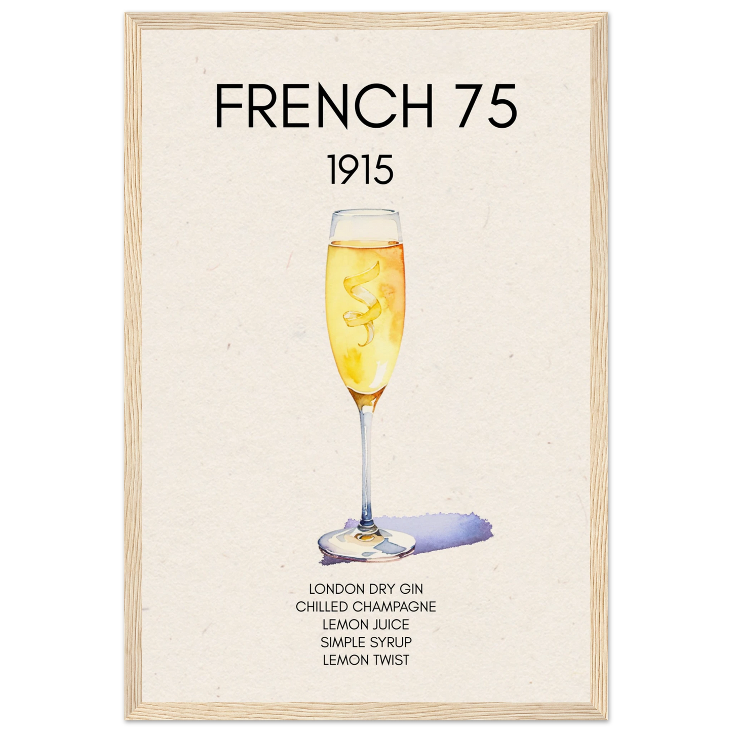 French 75 Cocktail Art Print Light Wood Frame 30x45 cm 12x18″ Museum-Quality Matte Paper Wooden Framed Poster