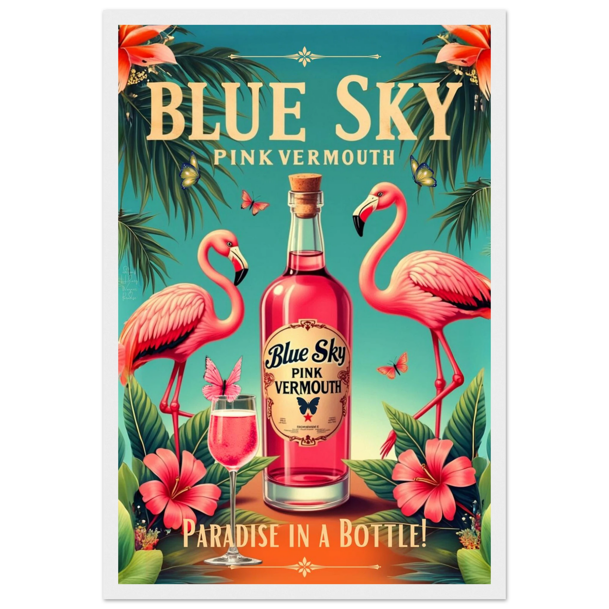 Vintage Pink Flamingo Tiki Bar Art Print 30x45 cm 12x18″ Premium Semi-Glossy Paper Wooden Framed Poster White Wood Frame