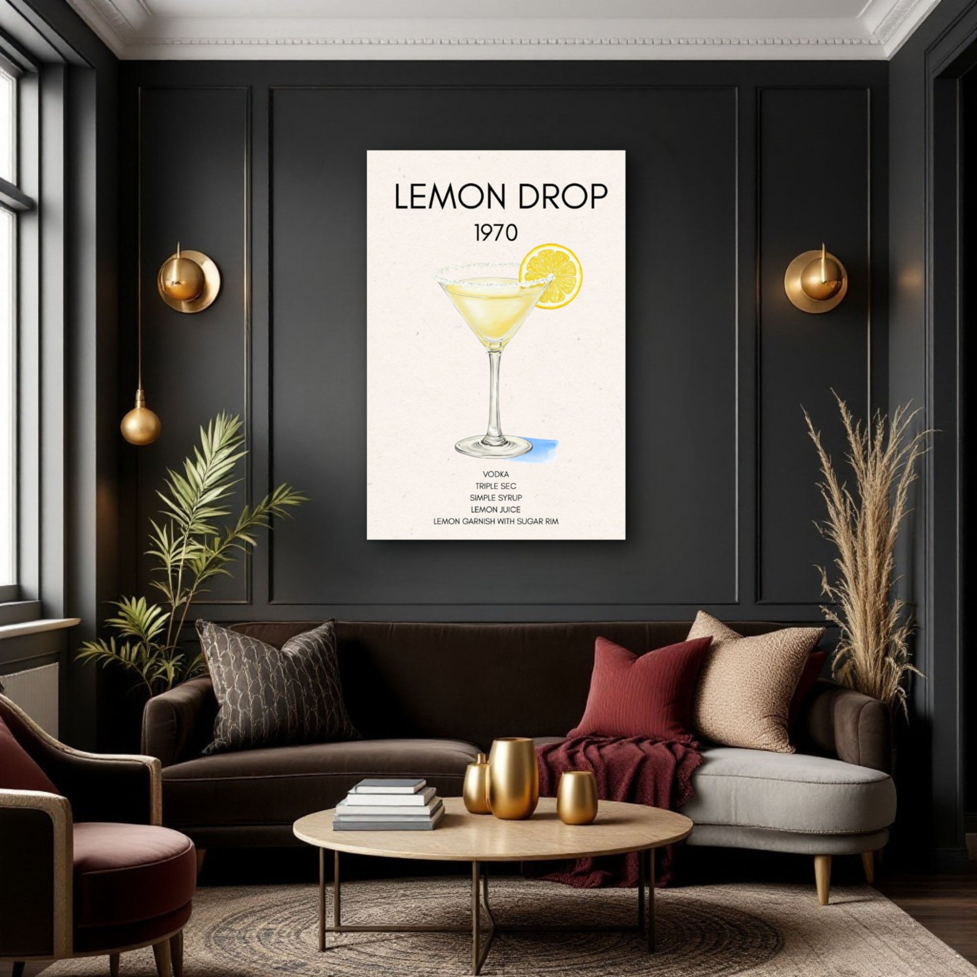 Lemon Drop Martini Cocktail Bar Poster Print Dark Brown Wood Frame 60x90 cm 24x36″ Framed Canvas