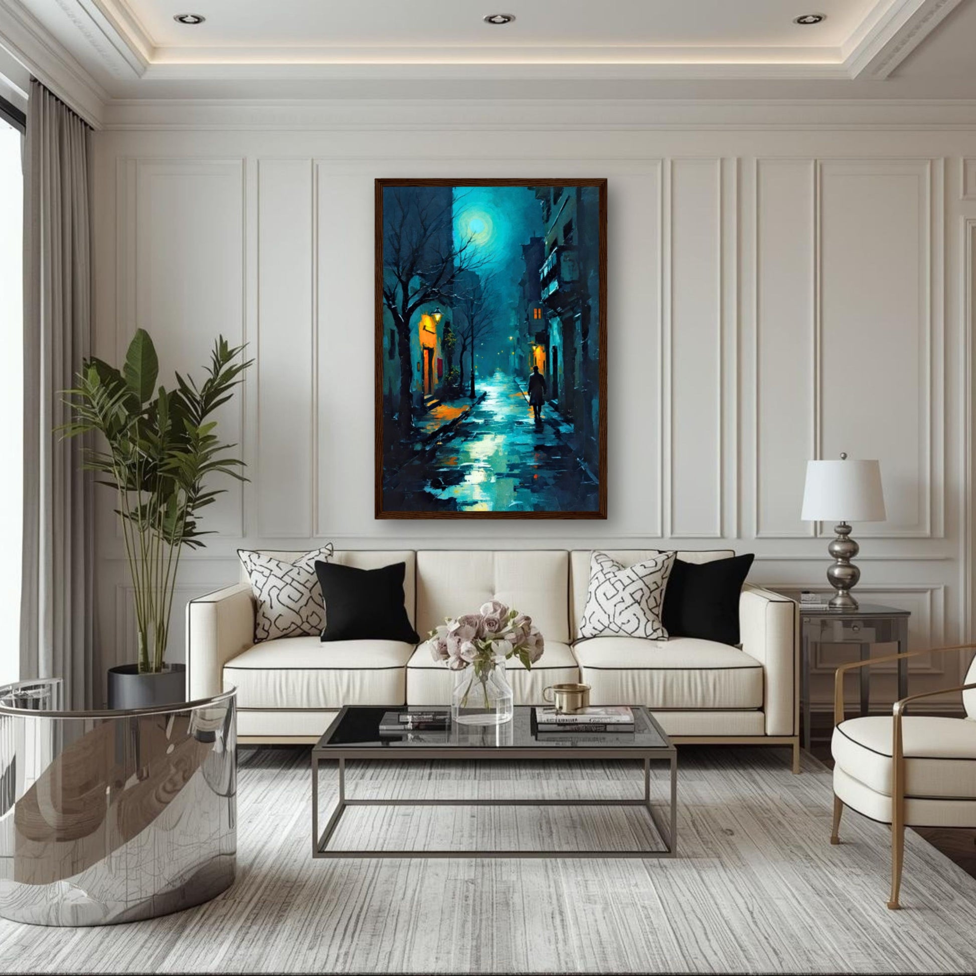 Blue Moon Night Street Scene Art Print