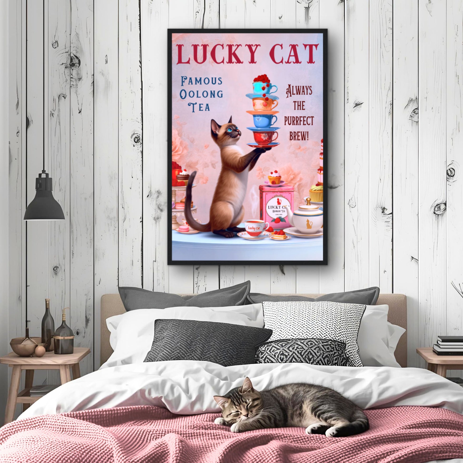 Siamese Lucky Cat Vintage Tea Art Print