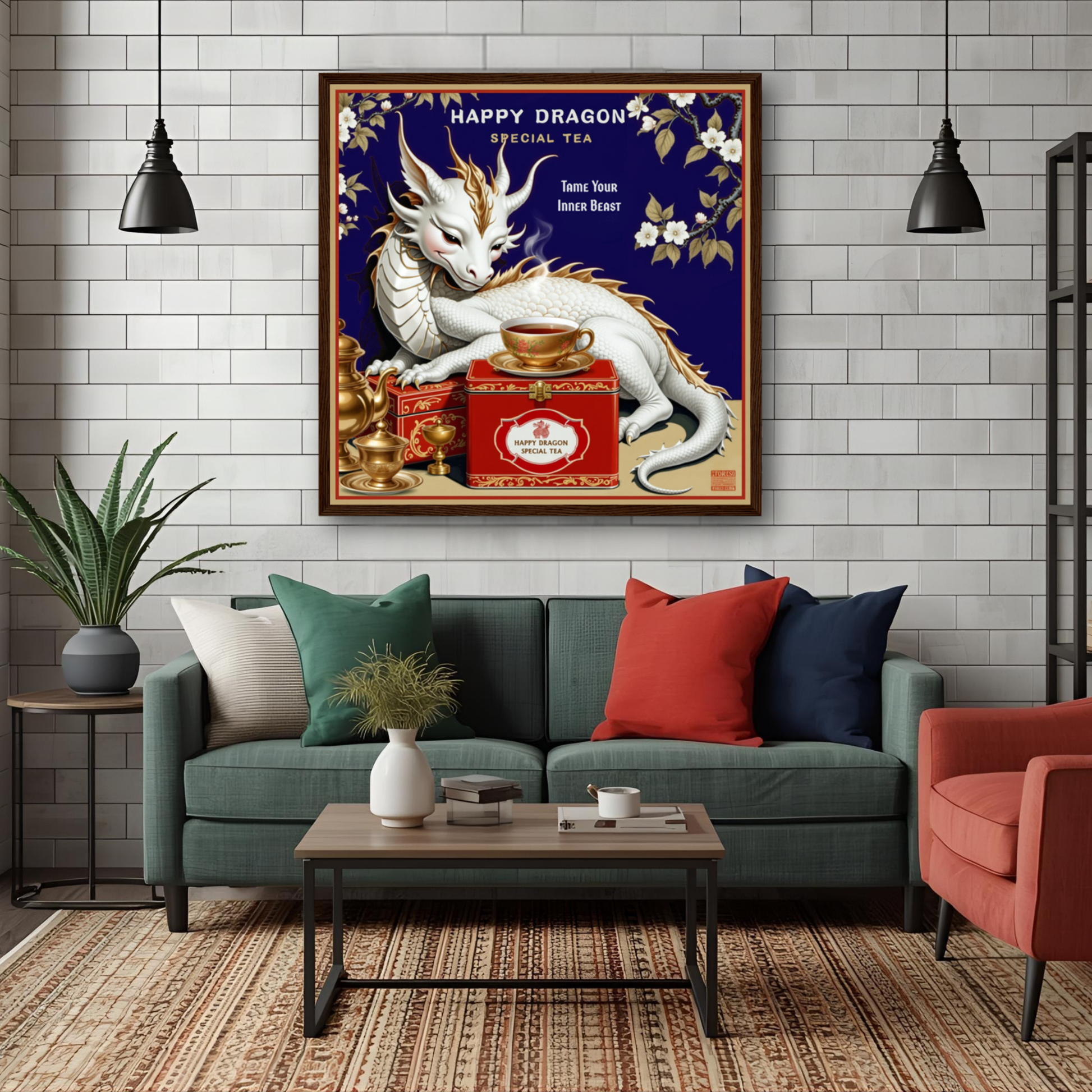 Happy Dragon Tea Art Print 50x50 cm 20x20″ Premium Matte Paper Wooden Framed Poster Black Wood Frame