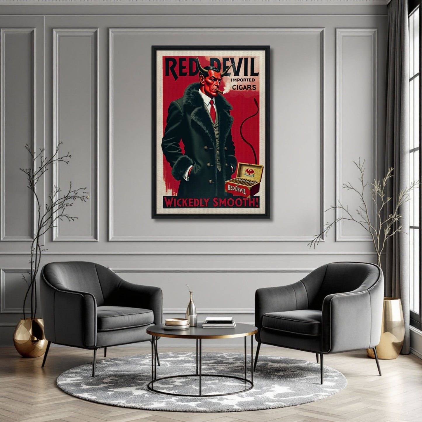 Red Devil Art Deco Cigar Art Print 70x100 cm 28x40″ Museum-Quality Matte Paper Wooden Framed Poster Dark Brown Wood Frame