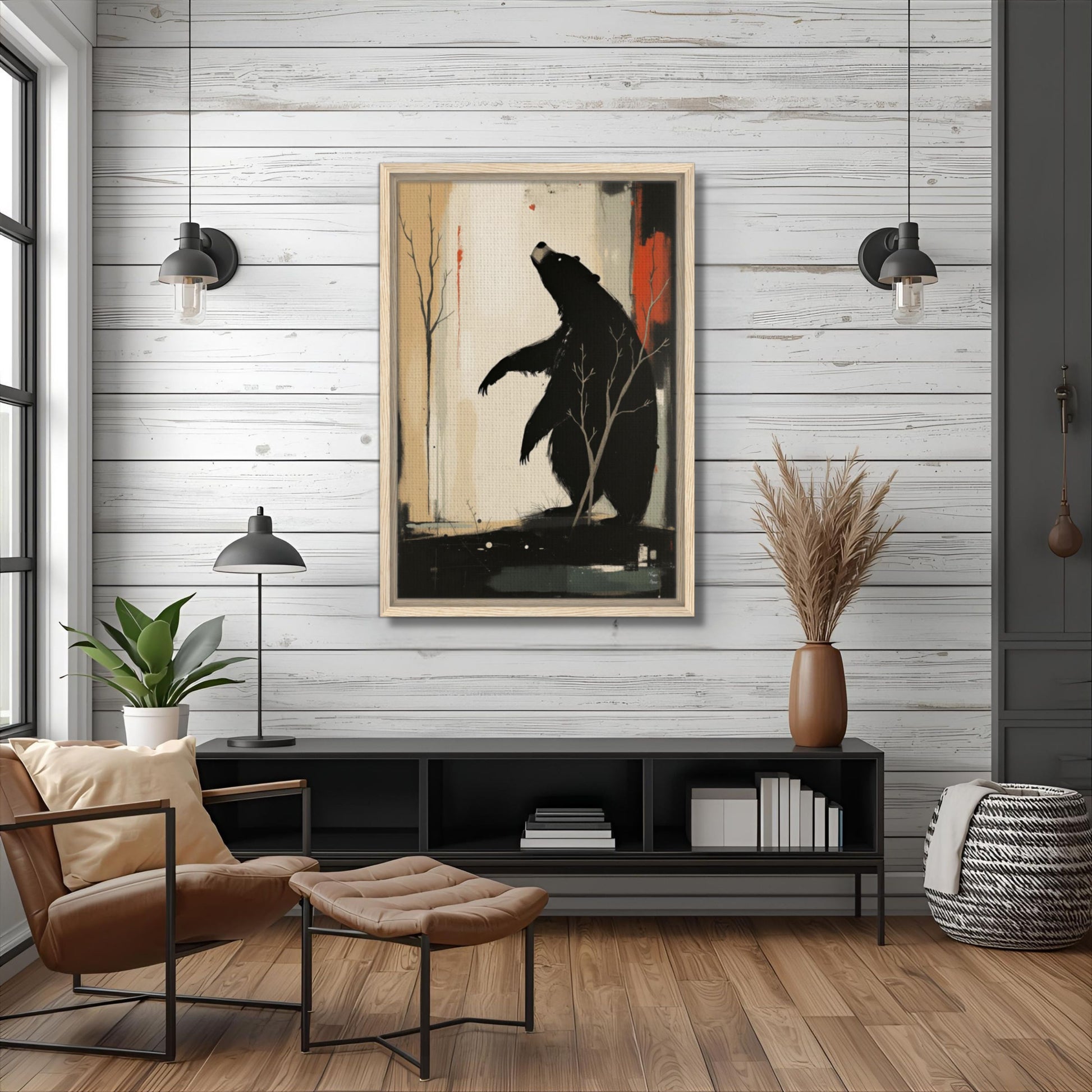 Abstract Bear Wildlife Art Print 20x30 cm 8x12″ Framed Canvas Light Wood Frame
