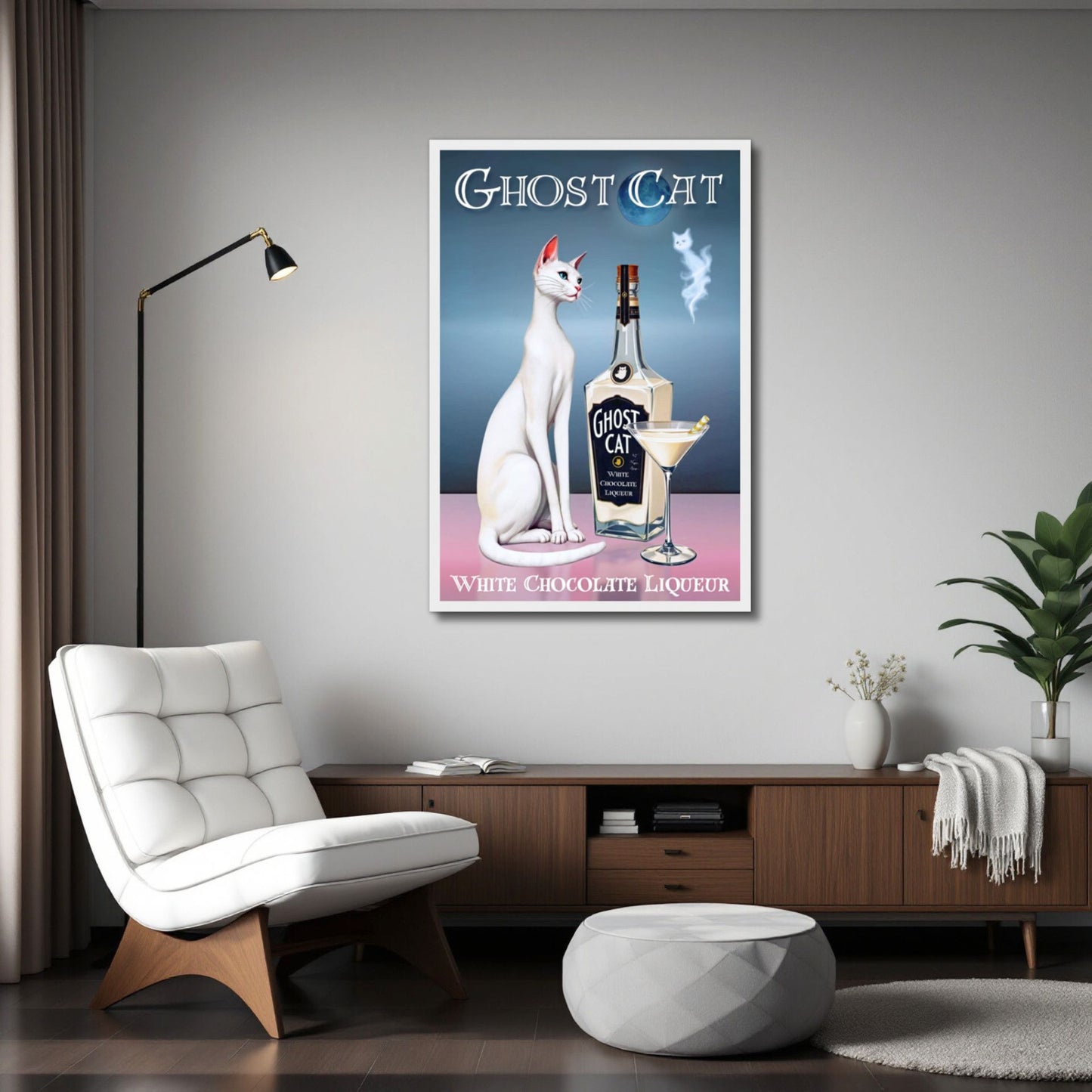 White Cat Martini Cocktail Bar Art Print 60x90 cm 24x36″ Classic Matte Paper Wooden Framed Poster Black Wood frame