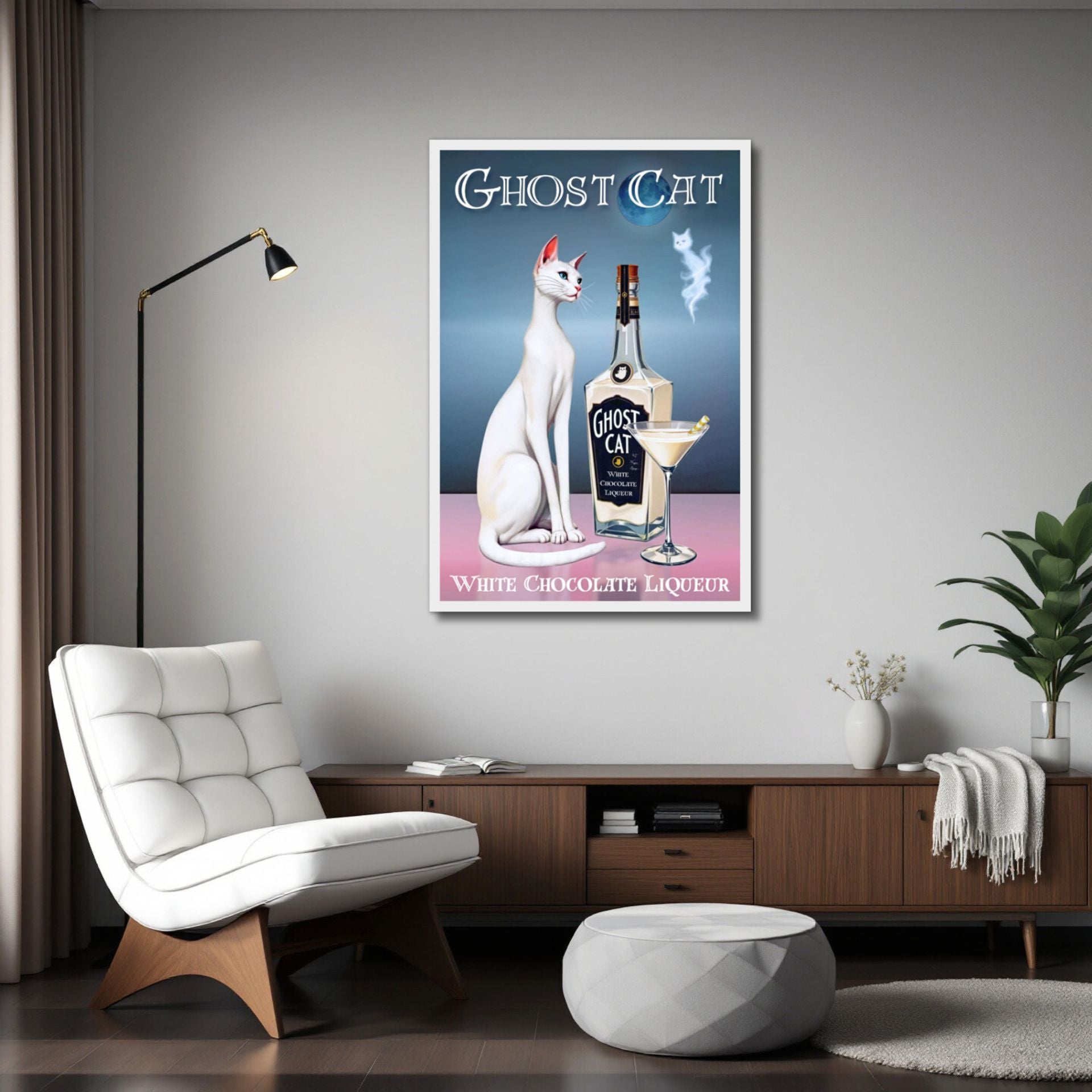 White Cat Martini Cocktail Bar Art Print 60x90 cm 24x36″ Classic Matte Paper Wooden Framed Poster Black Wood frame