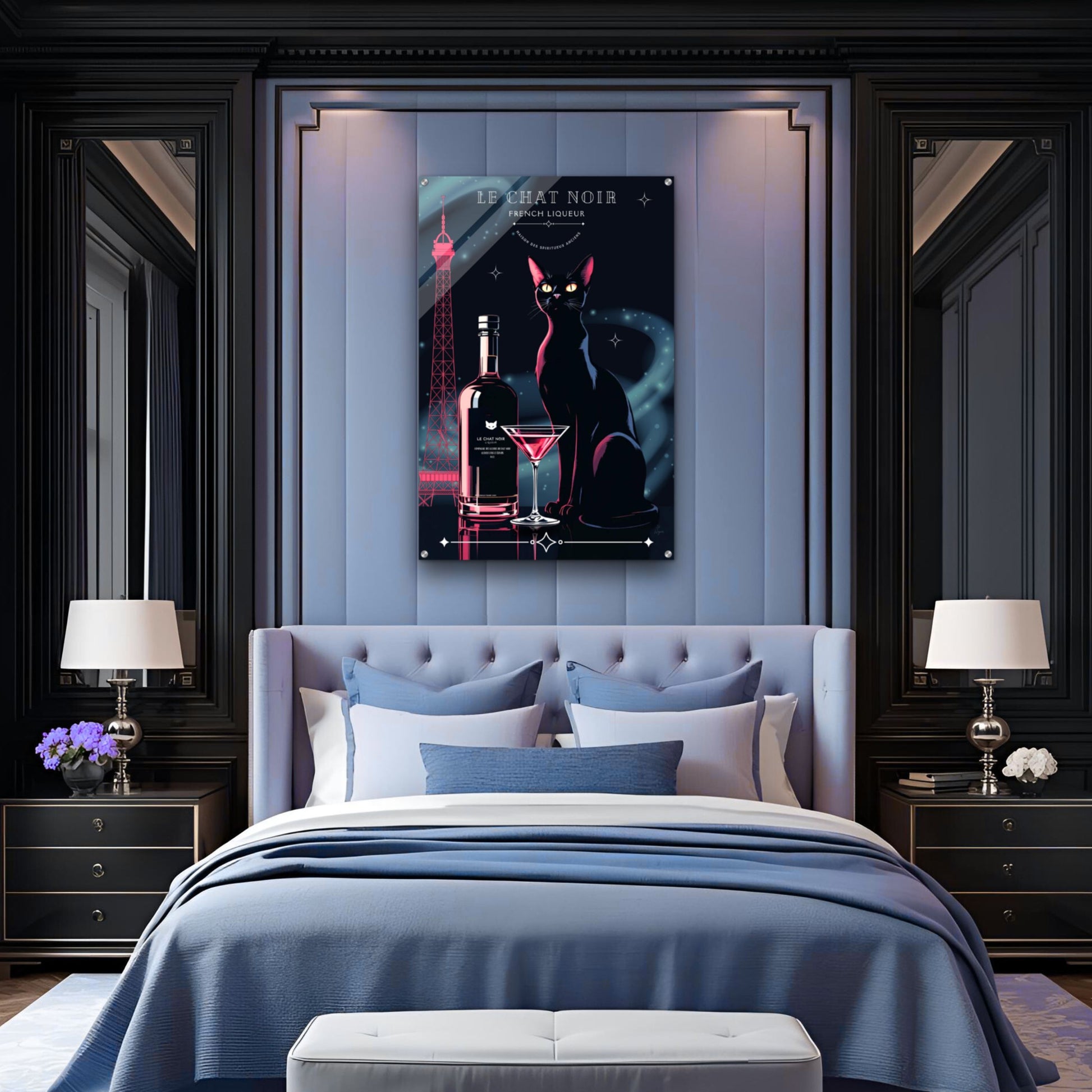 Art Deco Le Chat Noir French Black Cat Art Print 30x45 cm 12x18″ Museum-Quality Matte Paper Wooden Framed Poster White frame