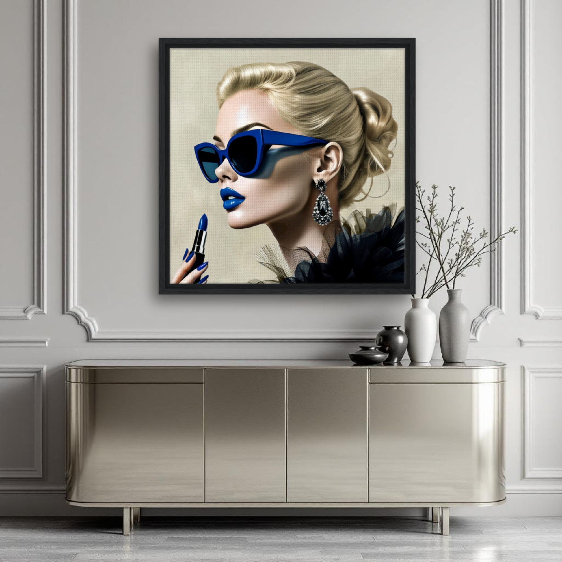 Retro Fashion Model Blue Lipstick Art Print 45x45 cm 18x18″ Premium Matte Paper Poster
