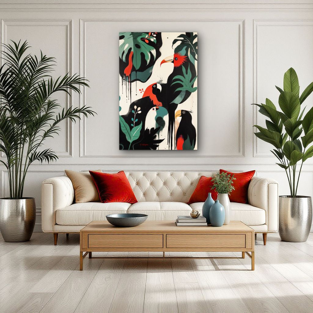 Mid-Century Modern Exotic Bird Art Poster Print - Framed Tropical Parrot Wall Décor