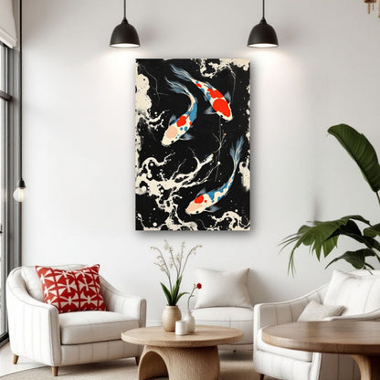 Mid-Century Modern Koi Fish Art Poster Print – Framed Abstract Black White Wall Décor