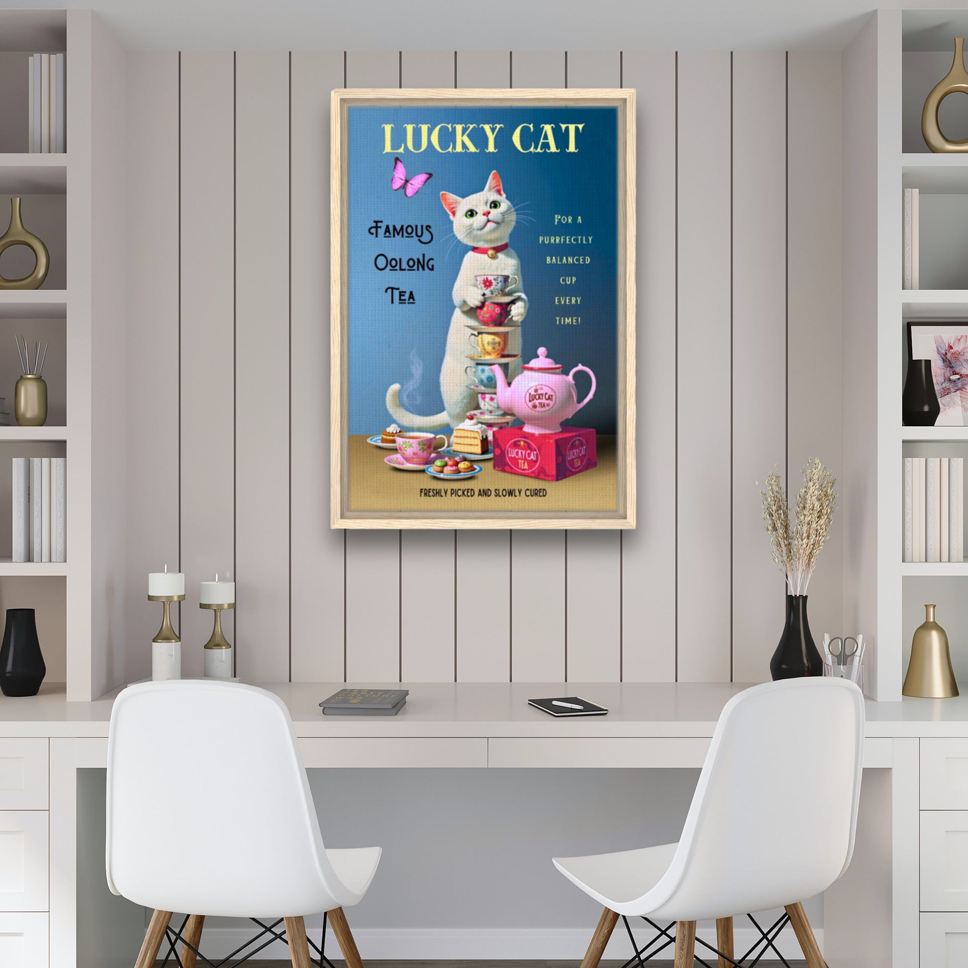 White Lucky Cat Tea Vintage Fine Art Print