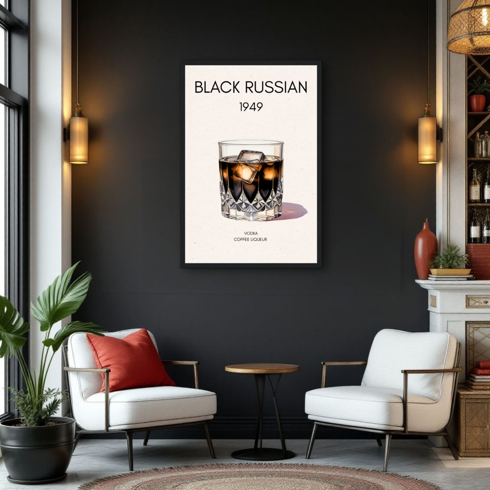 Black Russian Cocktail Bar Art Poster Print Light Wood Frame 60x90 cm 24x36″ Framed Canvas