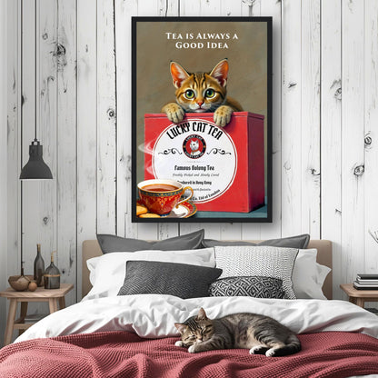 Tabby Lucky Cat Tea Vintage Kitchen Art Print