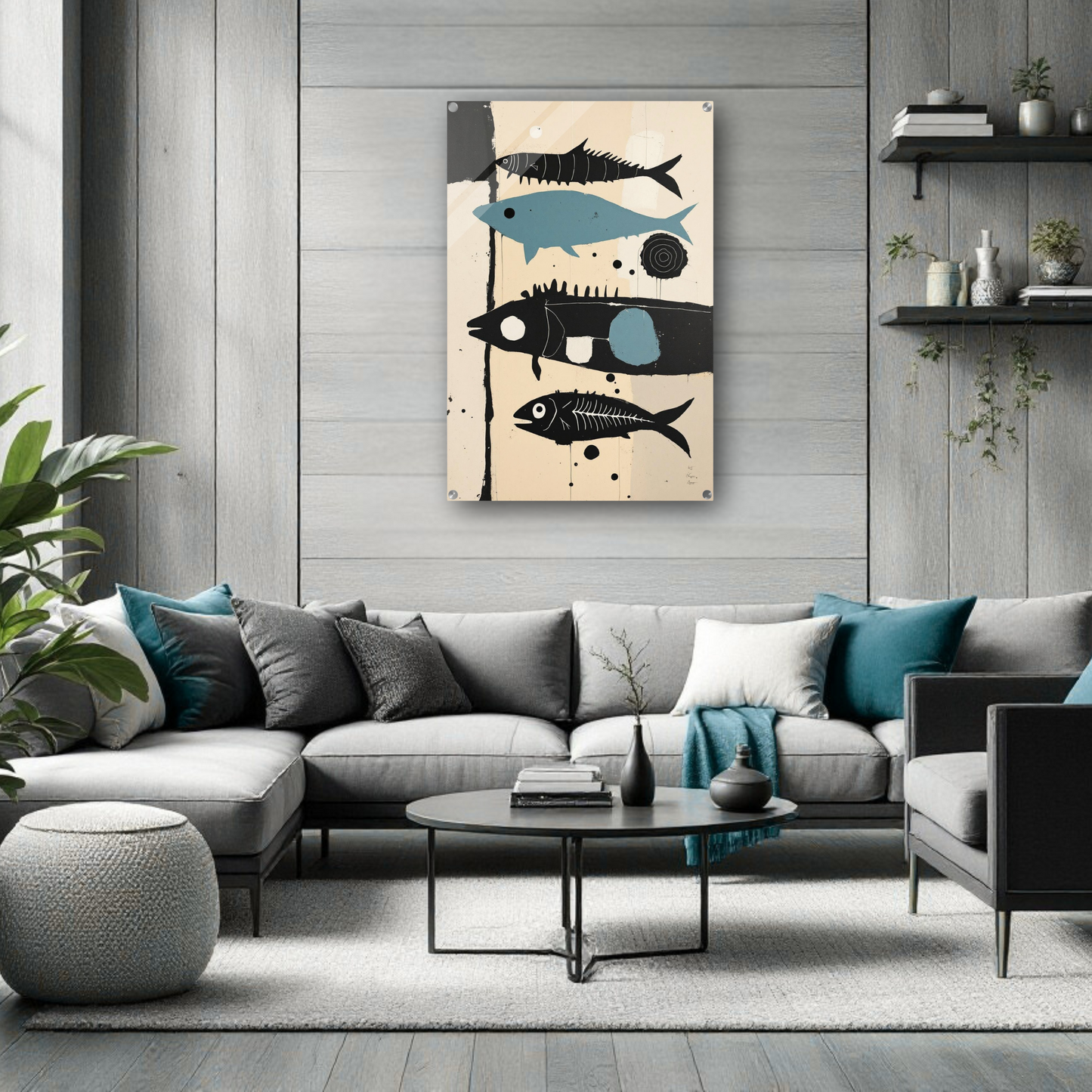 Mid-Century Modern Fish Art Poster Print – Framed Abstract Neutral Wall Decor