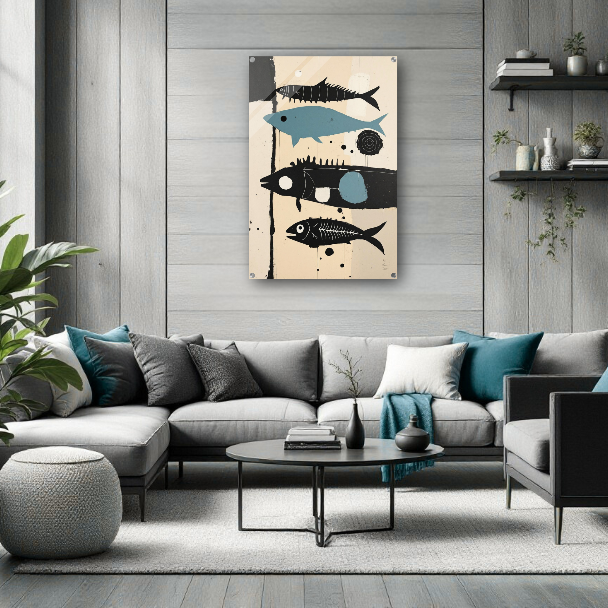 Mid-Century Modern Fish Art Poster Print – Framed Abstract Neutral Wall Decor