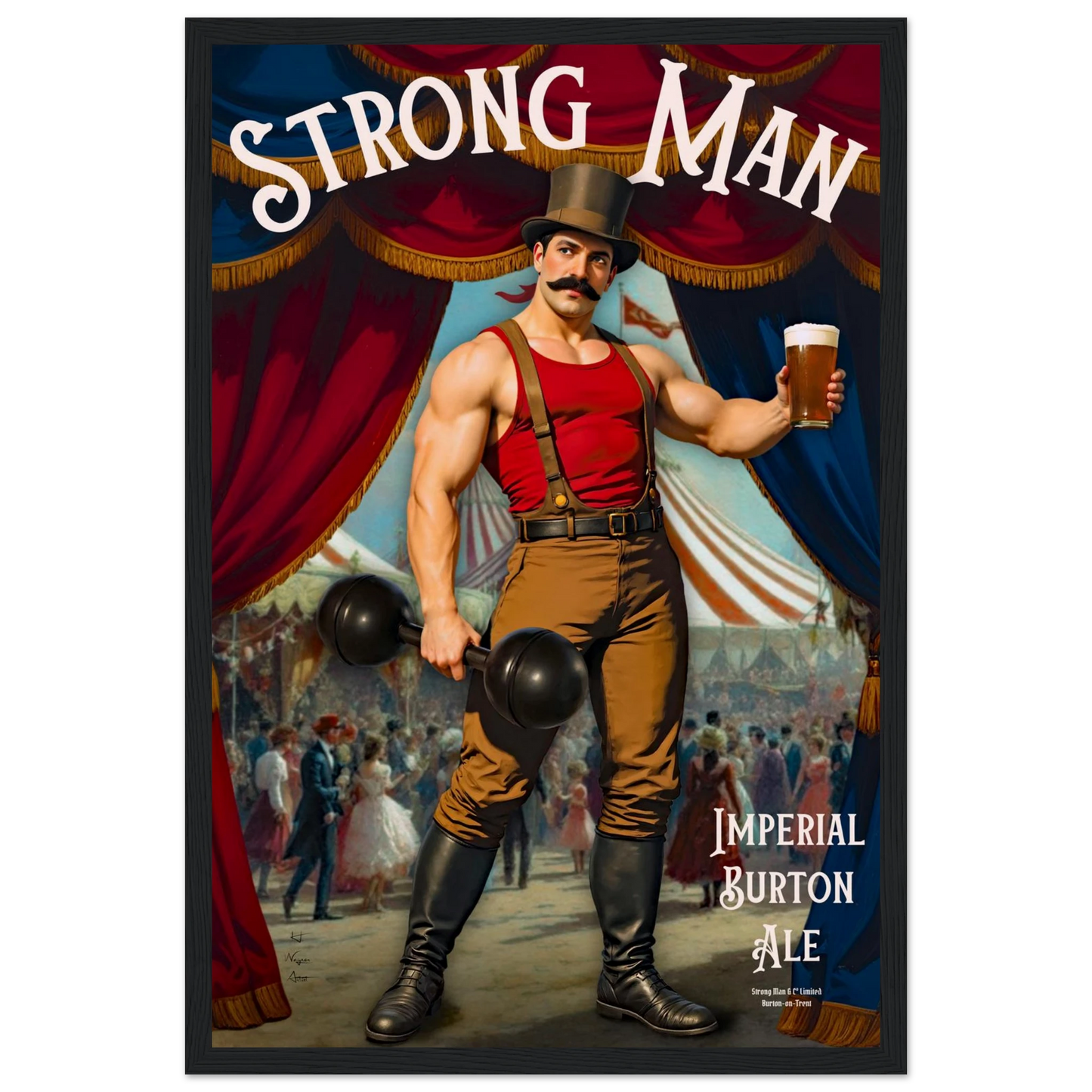 Vintage Victorian Circus Strongman Ale Art Print Black Wood Frame 30x45 cm 12x18″ Museum-Quality Matte Wooden Framed Poster