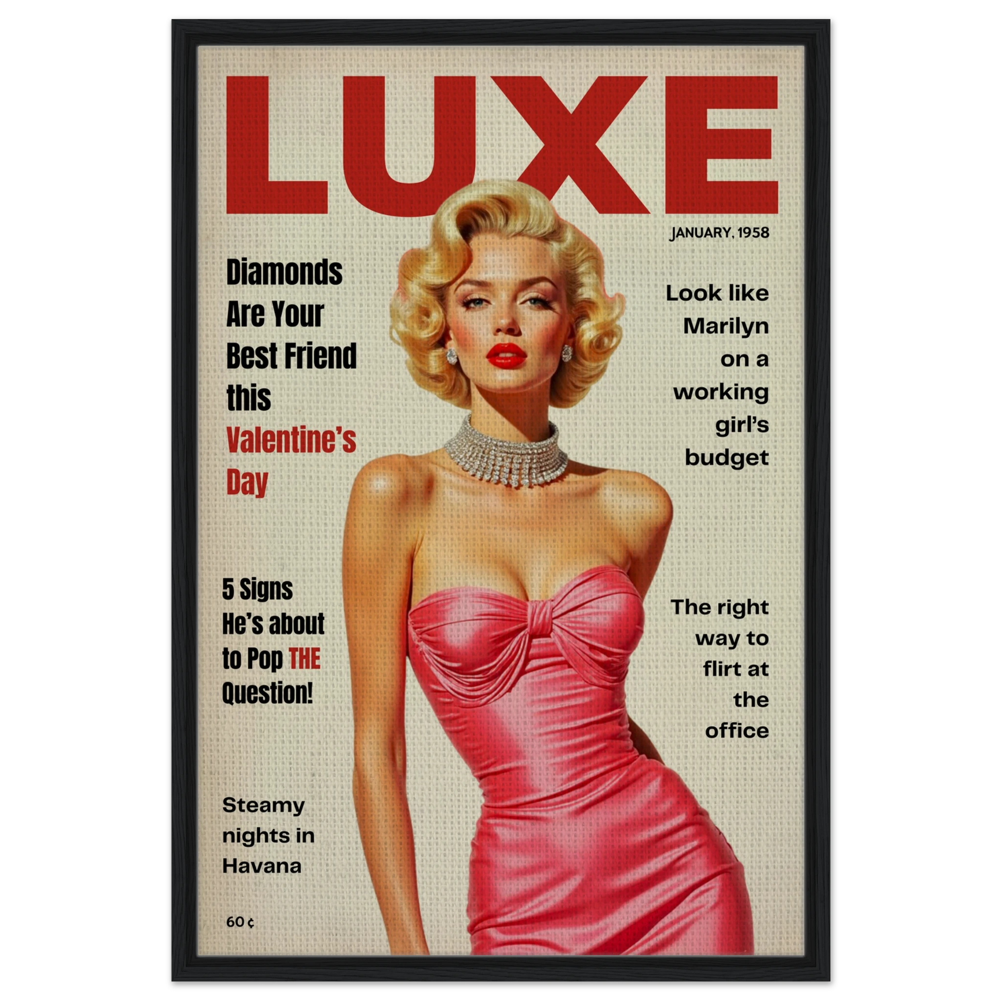 Marilyn Monroe Hollywood Glam Art Print 60x90 cm 24x36″ Framed Canvas Black Wood Frame