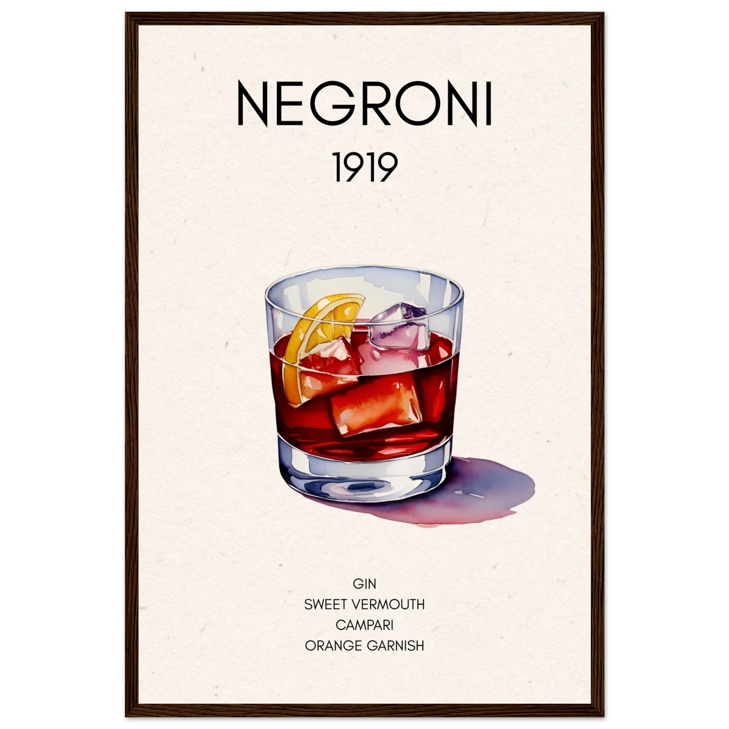Negroni Cocktail Bar Poster Print Dark Brown Wood Frame 40x60 cm 16x24″ Premium Matte Paper Wooden Framed Poster