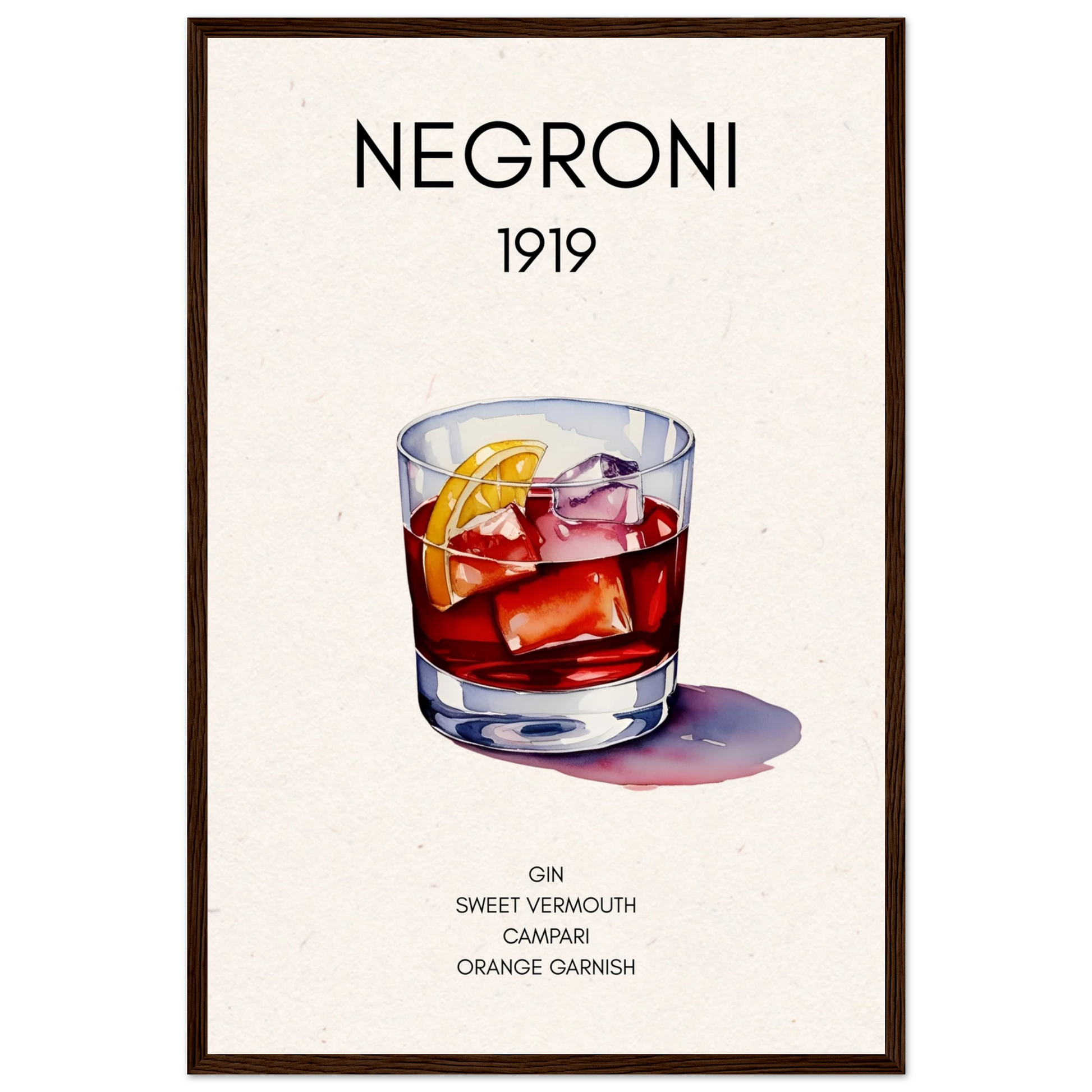Negroni Cocktail Bar Art Print Dark Brown Wood Frame 40x60 cm 16x24″ Premium Matte Paper Wooden Framed Poster
