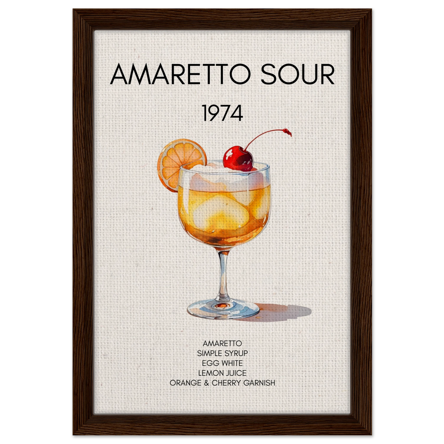 Amaretto Sour Cocktail Bar Art Print Dark Brown Wood Frame 30x45 cm 12x18″ Framed Canvas