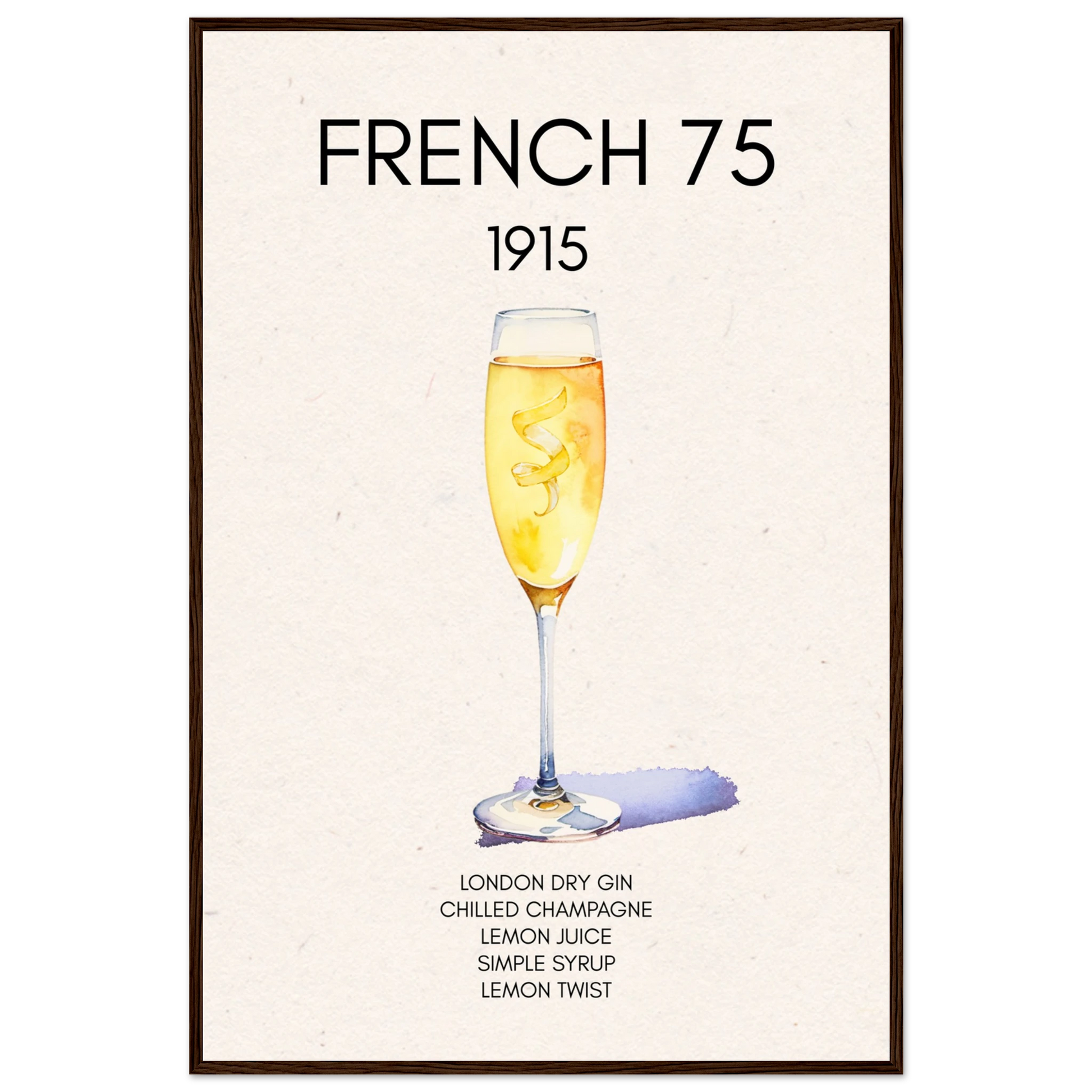 French 75 Cocktail Art Print Dark Brown Wood Frame 60x90 cm 24x36″ Classic Matte Paper Wooden Framed Poster