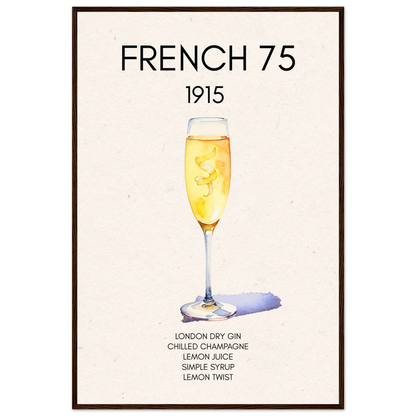 French 75 Cocktail Art Print Dark Brown Wood Frame 60x90 cm 24x36″ Classic Matte Paper Wooden Framed Poster