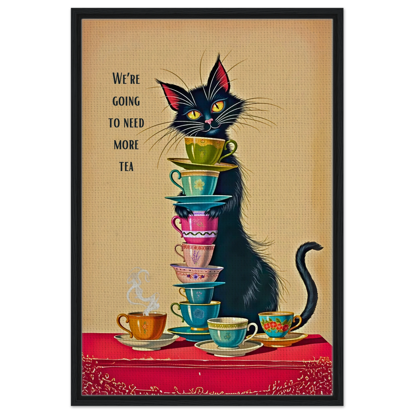 Quirky Cat Funny Tea Art Print 60x90 cm 24x36″ Framed Canvas Black Wood frame