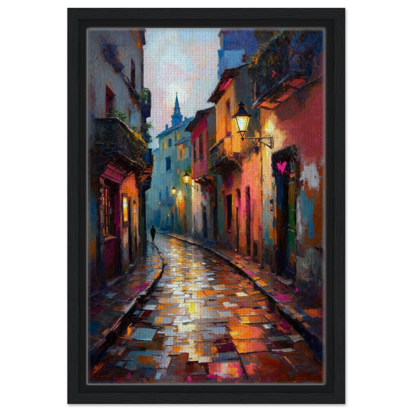 Old Europe Romantic Street Art Print 30x45 cm 12x18″ Framed Canvas Black Wood