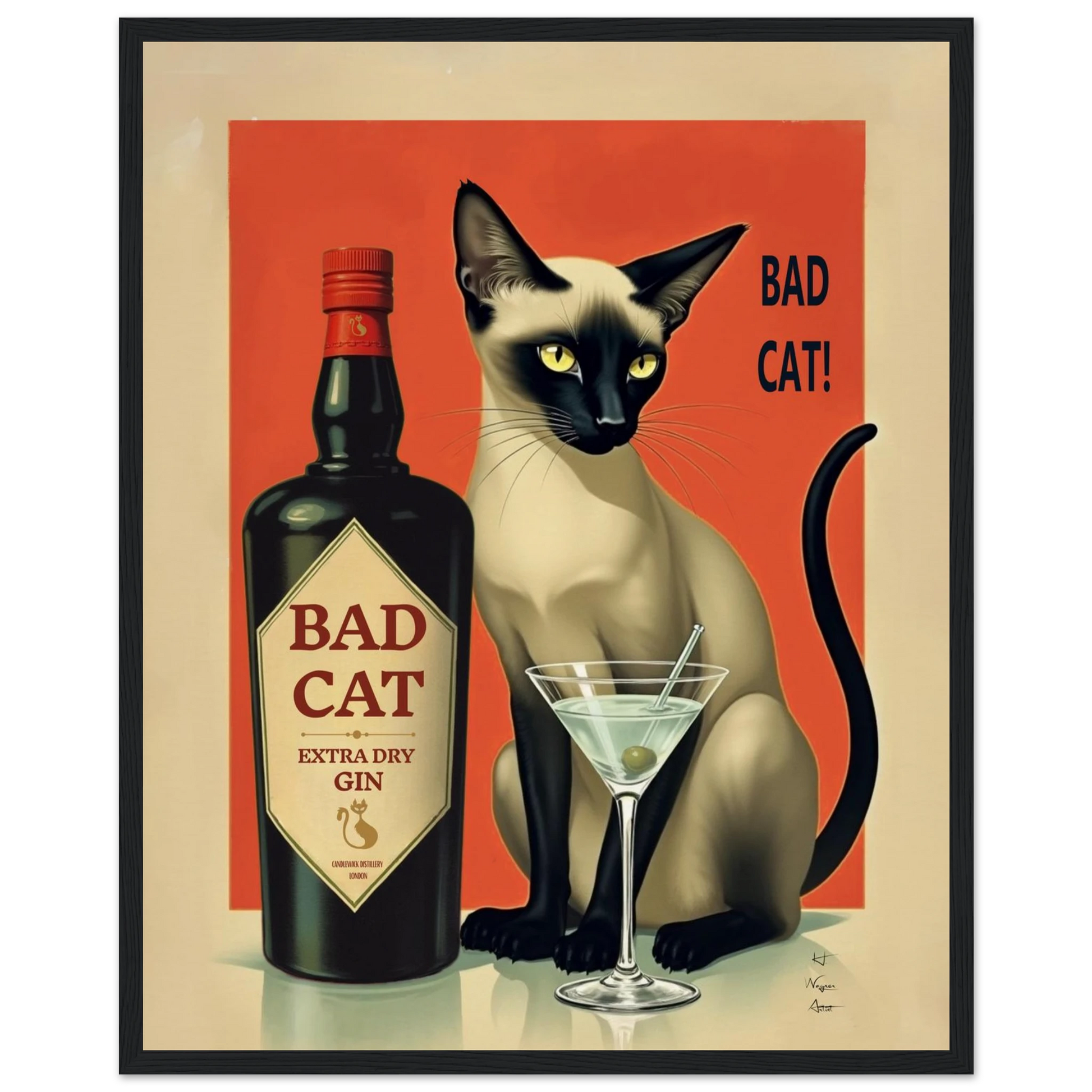 Siamese Cat Gin Martini Cocktail Art Print 40x50 cm 16x20″ Museum-Quality Matte Paper Wooden Framed Poster Black Wood Frame