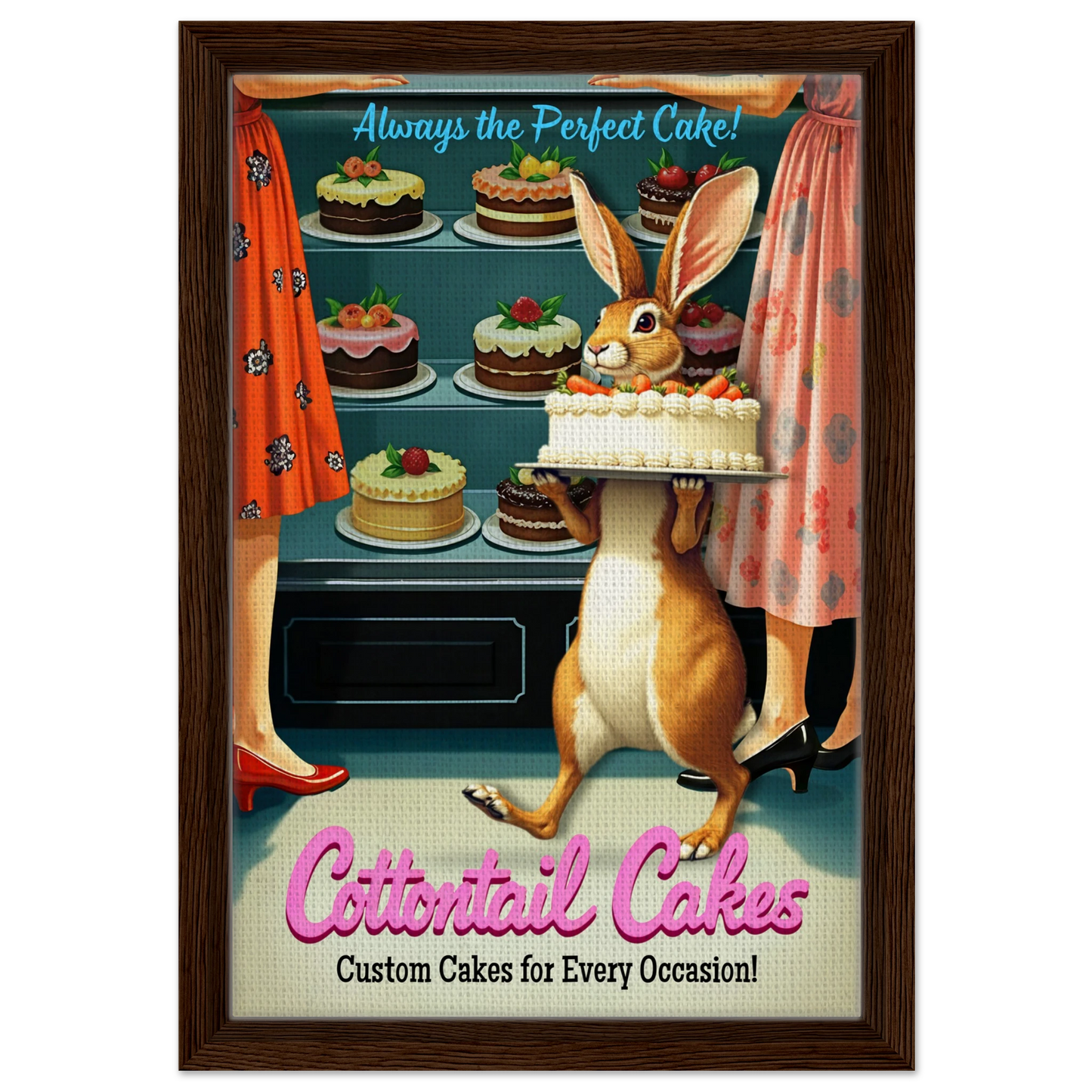 Cottontail Rabbit Bakery 1950s Kitchen Print Dark Brown Wood Frame 30x45 cm 12x18″ Framed Canvas